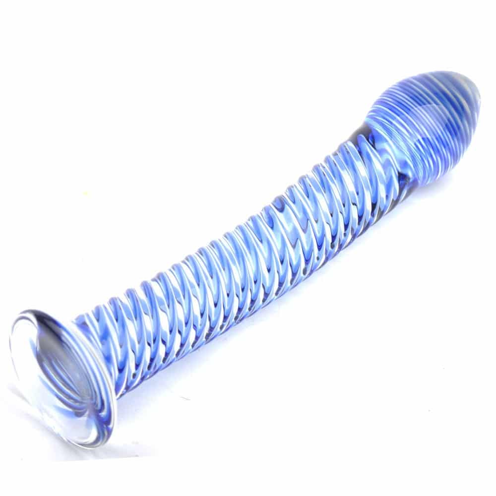 Glass Dildo With Blue Spiral Design Base